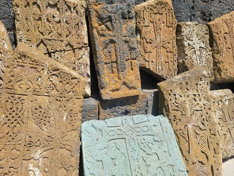 Group of khachkars in Sevanavank monastery temple in Armenia