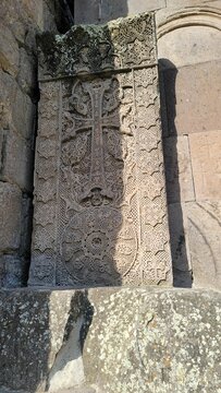 Group of khachkars in Sevanavank monastery temple in Armenia