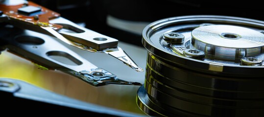 Macro Close up of inside of magnetic Hard Disc Drive