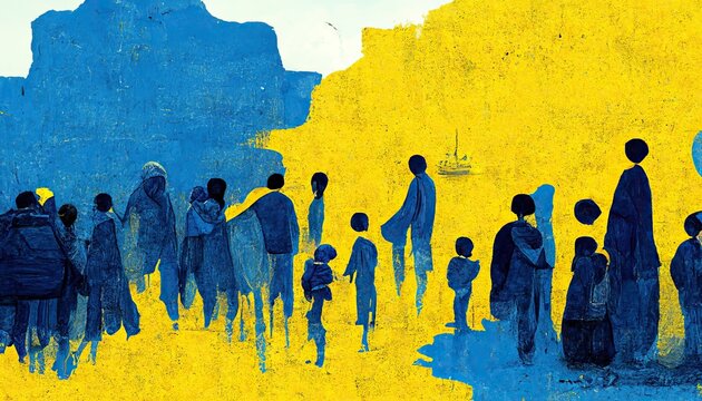 Ukrainian refugee crisis, Ukraine refugees, people cross the border with Europe. People are fleeing war with Russia in search of rights and freedom