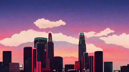 Los Angeles Anime skyline, dusk clouds covering the city