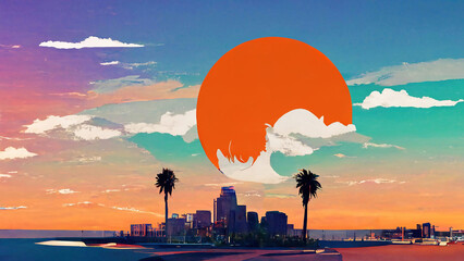 California skyline, Orange lit up city from a sunset - obrazy, fototapety, plakaty