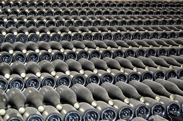 Closeup of bottles lined up in a Cava bodega in Catalunya, Spain