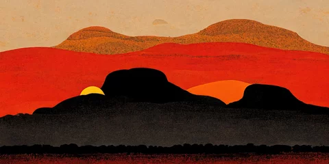 Foto auf Acrylglas Outback Australien Landschaftssilhouette Down Under, rote Sandwüstenlandschaft der australischen Outback-Gummibäume unter einem orangefarbenen, roten, gelben Himmel, Farben der Flagge der australischen Aborigines © Rick