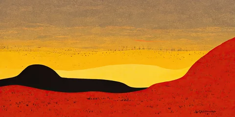 Poster de jardin Rouge 2 Outback Australia landscape silhouette Down Under, red sandy desert landscape of the australian outback gum trees under an orange, red, yellow sky, Australian Aboriginal Flag colours