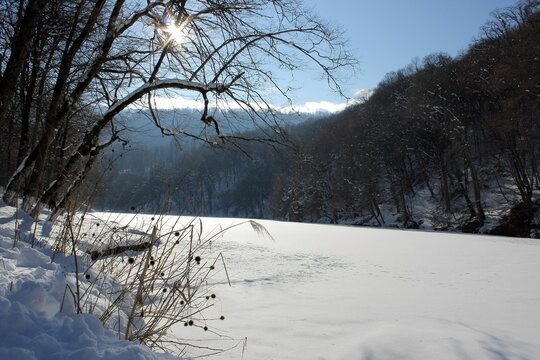 Scenic view of a winter field near Lake Parz in Dilijan, Armenia