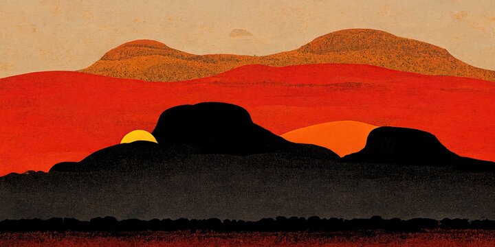 Outback Australia landscape silhouette Down Under, red sandy desert landscape of the australian outback gum trees under an orange, red, yellow sky, Australian Aboriginal Flag colours