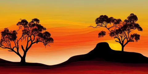 Wandcirkels tuinposter Outback Australië landschap silhouet Down Under, rode zandwoestijn landschap van de Australische outback gombomen onder een oranje, rode, gele lucht, Australische Aboriginal vlag kleuren © Rick