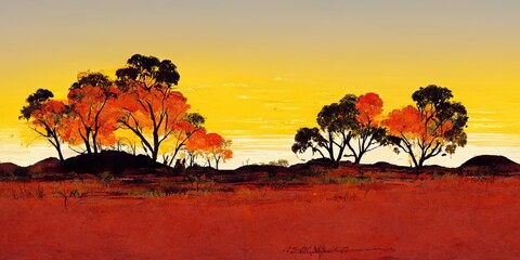 Outback Australia landscape silhouette Down Under, red sandy desert landscape of the australian outback gum trees under an orange, red, yellow sky, Australian Aboriginal Flag colours
