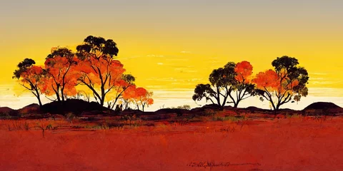 Poster Im Rahmen Outback Australien Landschaftssilhouette Down Under, rote Sandwüstenlandschaft der australischen Outback-Gummibäume unter einem orangefarbenen, roten, gelben Himmel, Farben der Flagge der australischen Aborigines © Rick