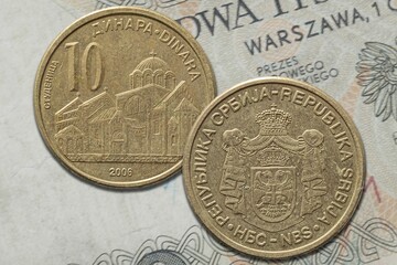 Closeup shot of two Serbian dinar coins - obrazy, fototapety, plakaty