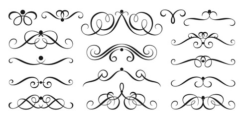 Calligraphic swash design elements. Vintage ornament swirls, abstract line scrolls. Retro flourish label border, page delimiter, text dividers. Victorian vignette ink pen drawn outline pattern frame