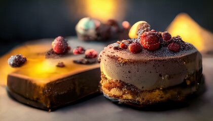 Delicious raspberry dessert with vanilla cream. Close-up, shallow depth of field. 3d-render generated with ai.