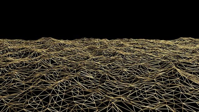 Golden Wireframe Wave on Black Background- Seamless Loop 3D motion Graphics