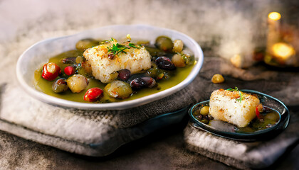 Close-up of fried cod loin with roasted potatoes and olives. Concept generated in Ai.