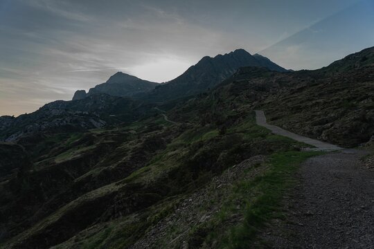 Landscape of the Carnic Alps with blue sky above in Italy, Paluzza, Friuli-Venezia Giulia at sunset