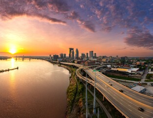 Beautiful view of Louisville City in Kentucky from drone at sunrise - obrazy, fototapety, plakaty