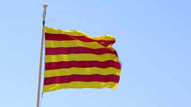 Catalan flag waving in the wind. Catalonia flag close up. The four bars.  Day of Catalonia,