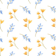 Fototapeta na wymiar Beautiful watercolor blue and yellow flowers as seamless pattern.
