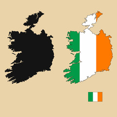Vector of Ireland country outline map with flag set isolated on plain background. Silhouette of country map can be used for template, report, and infographic.