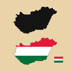 Vector of Hungary country outline map with flag set isolated on plain background. Silhouette of country map can be used for template, report, and infographic.