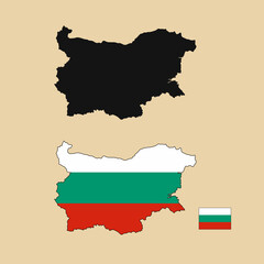 Vector of Bulgaria country outline map with flag set isolated on plain background. Silhouette of country map can be used for template, report, and infographic.