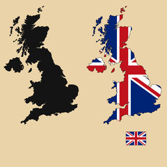 Vector of United Kingdom country outline map with flag set isolated on plain background. Silhouette of country map can be used for template, report, and infographic.