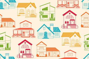 House front flat colorful seamless pattern. Boundless ornament various facade village or urban small houses. Modern vintage cozy buildings wallpaper repeat design. Residential cottage villa background