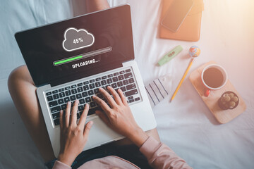 Upload data concept, Woman using laptop computer and waiting for cloud uploading on laptop in office, Data information, Technology network internet Concept .