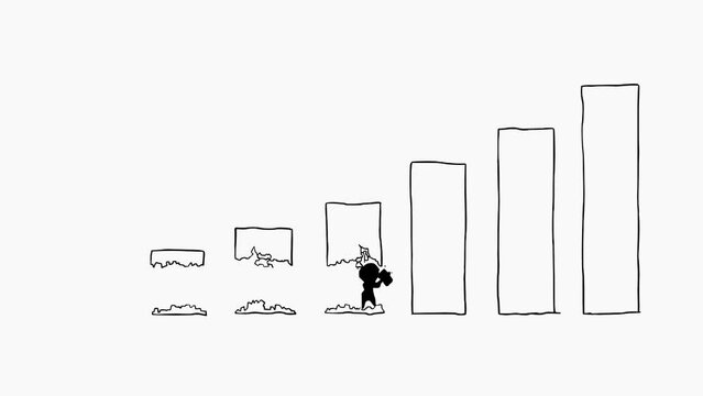 Graph chart smashing small figure with hammer abstract, breaking through barriers, hand drawn 2d animation black over white
