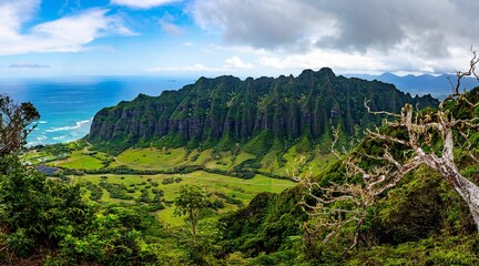 View of the valley and Mountain Range at Kualoa Ranch in Oahu, Hawaii where Jurassic Park was filmed - obrazy, fototapety, plakaty