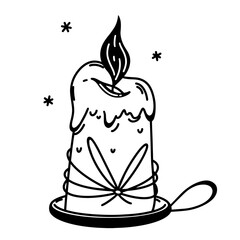 Burning wax candle vector icon. Candle on a candlestick, tied with thread. Witchcraft element, magical lighting tool. Black outline isolated on white. Illustration for logo, web, Halloween decorations