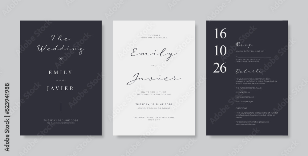 Wall mural elegant black and white wedding card template. luxury and minimalist wedding invitation with engrave