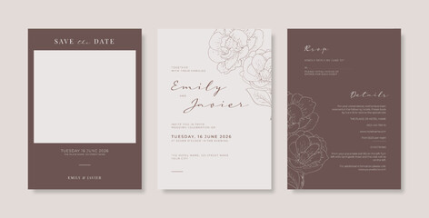 Engraved wedding card design with beautiful floral. luxury wedding invitation with simple and minimalist style