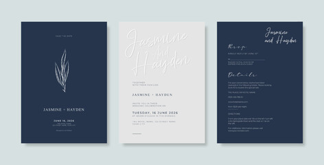 Navy and white wedding invitation template. Set of simple wedding invitation template. Luxury wedding engagement template