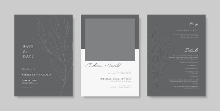 Elegant monochrome wedding invitation template. luxury and minimalist wedding invitation with engraved style. engraved grayscale wedding card template.
