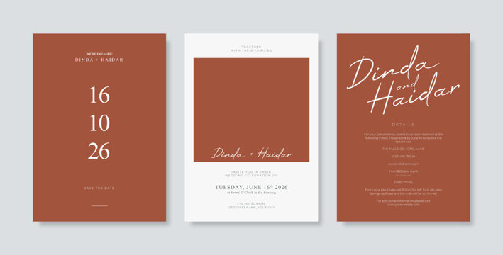 Beautiful wedding invitation template. Engraved and simple wedding engagement template. Set of wedding card template