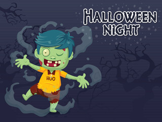 Zombie Cartoon Halloween Character With Halloween Night Text Effects. Vector illustration