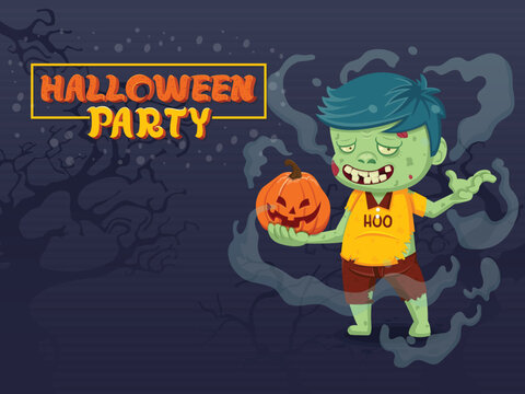 Zombie Cartoon Halloween Character With Halloween Party Text Effects. Vector illustration