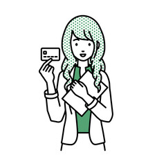 立って書類とカードを手に持つジャケットの女性