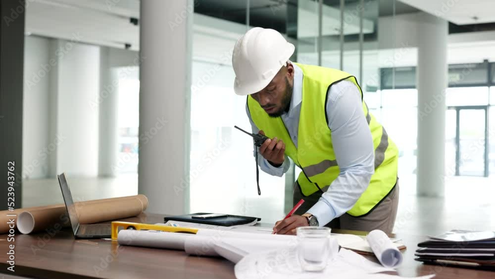Poster Architect, building engineer or construction worker looking at plans and blueprints and talking on a radio. Male contractor planning, instructing and giving orders while working on a build site