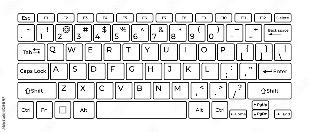 Poster Computer keyboard button layout template with letters for graphic use. Transparent background. Illustration