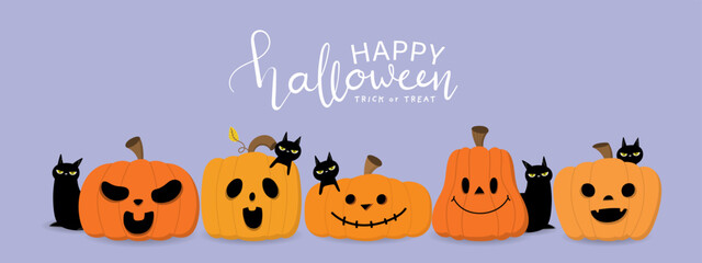Happy halloween greeting card with monster pumpkin and black cat. Holidays cartoon character. -Vector