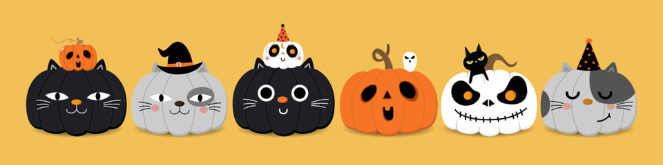 Happy halloween greeting card with magic owl, pumpkin in cat and ghost costume. Holidays cartoon character. -Vector