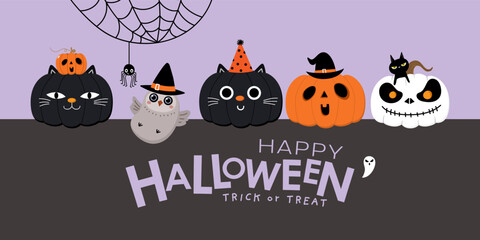 Happy halloween greeting card with magic owl, pumpkin in cat and ghost costume. Holidays cartoon character. -Vector