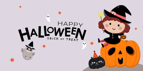 Happy halloween greeting card with cute witch, orange pumpkin, owl  poison bottle and magic pot. Holidays cartoon character vector