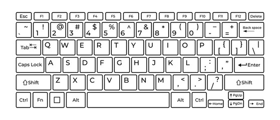 Computer keyboard button layout template with letters for graphic use. Transparent background. Illustration - obrazy, fototapety, plakaty
