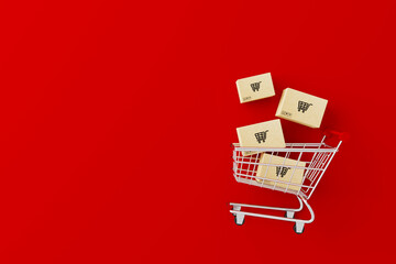 Online shopping concept. Web or mobile application ecommerce. Top view of carton paper box with shopping cart on red background. 3d rendering