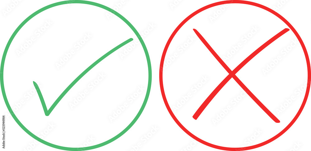 Wall mural thin line check mark icons. green tick and red cross checkmarks flat