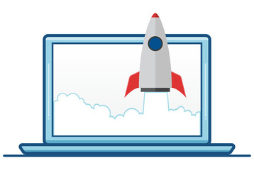 Startup business concept with rocket and laptop